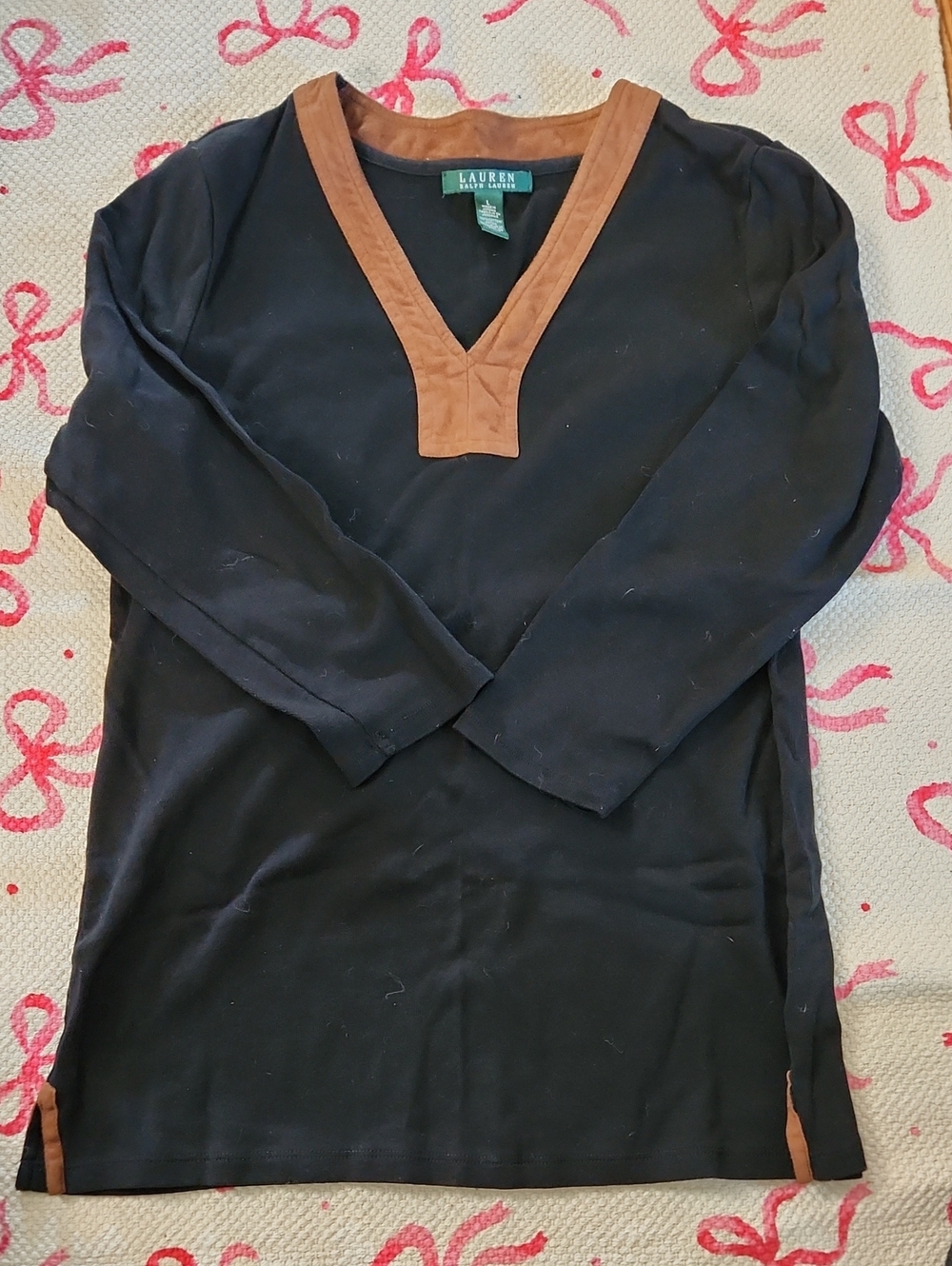 Lauren Ralph Lauren Black V-Neck Sweater with Brown Sued Trim